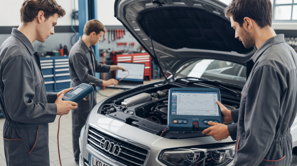 Professionelle Mechaniker verwenden Autocom Delphi-Diagnosegeräte in einer europäischen Kfz-Werkstatt mit OBD2-Scanner und Laptop