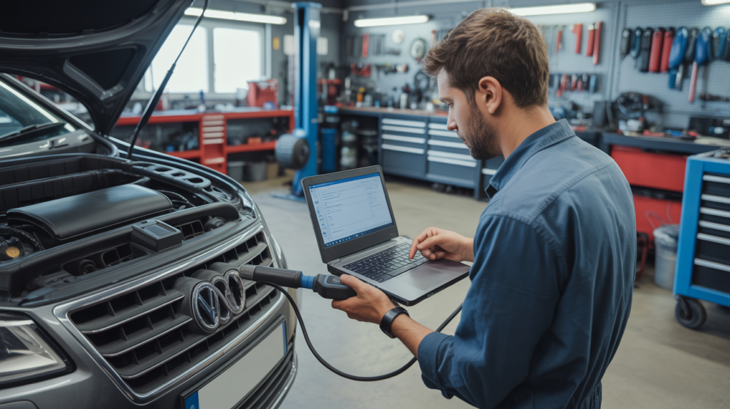 Professioneller Mechaniker bei der Verwendung des VCDS-Diagnosegeräts mit langer Codierung an einem Volkswagen-Audi-Fahrzeug in einer modernen Werkstatt