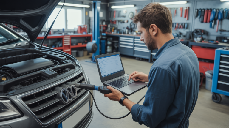 Professioneller Mechaniker bei der Verwendung des VCDS-Diagnosegeräts mit langer Codierung an einem Volkswagen-Audi-Fahrzeug in einer modernen Werkstatt