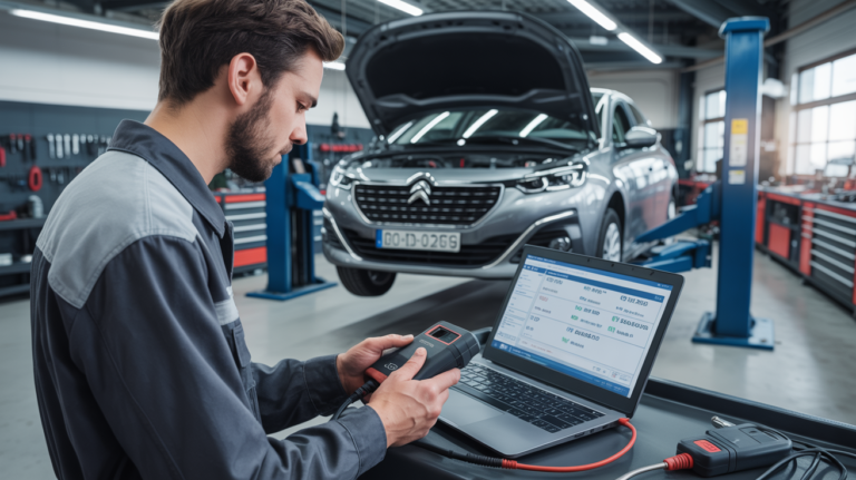 Professioneller Mechaniker mit Lexia 3-Diagnosegerät an einem Peugeot-Fahrzeug in einer modernen Kfz-Werkstatt