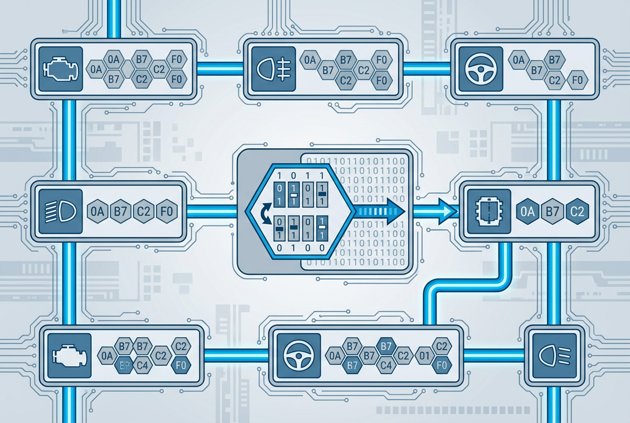Technical diagram showing VW hidden features activation through ECU control module byte coding structure