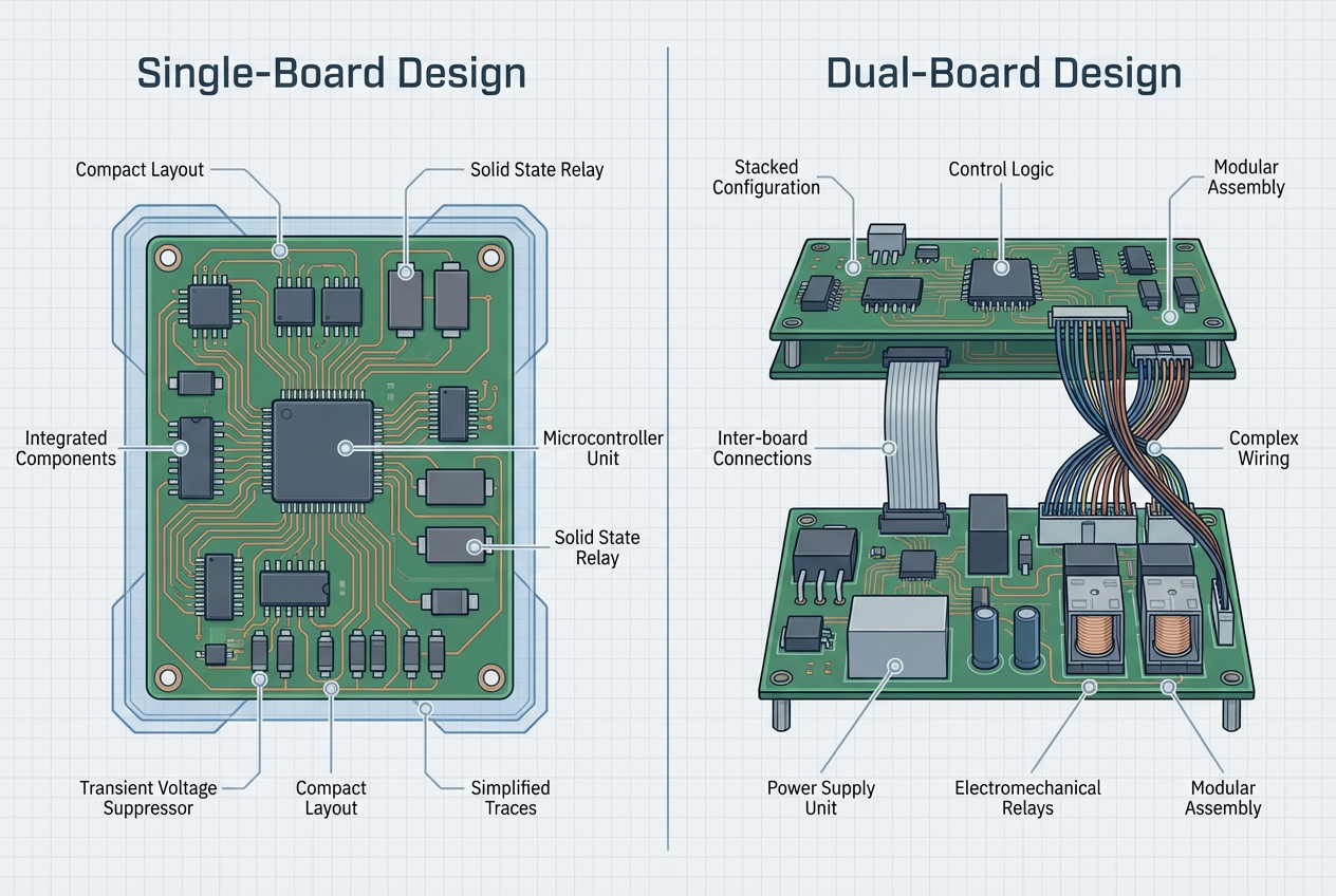 Technical comparison diagram showing single-board vs dual-board circuit design in Autocom Delphi diagnostic interfaces