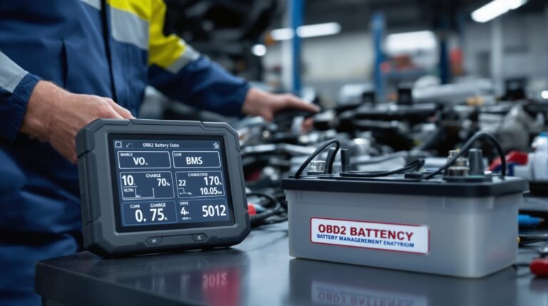Close-up of a rugged battery tester displaying voltage and charge metrics on a workshop bench with a technician in blue in the background.