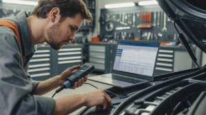 Professioneller Mechaniker bei der Verwendung eines VAG-Diagnosegeräts für Volkswagen in einer Kfz-Werkstatt mit Laptop, auf dem die VCDS-Diagnosesoftware angezeigt wird