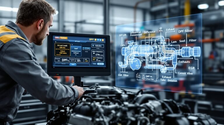 Engineer in a factory reviews a holographic engine diagram projected beside a computer monitor. (informative)